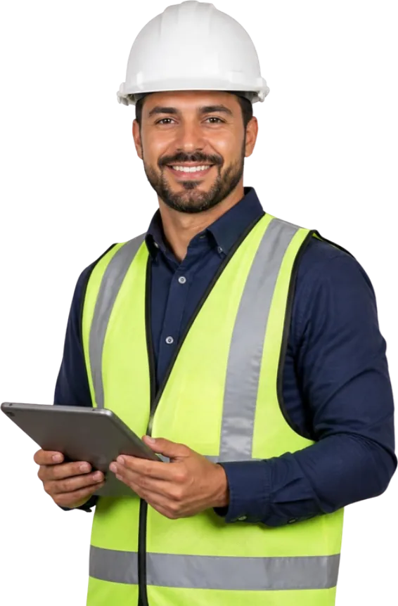Engenheiro de capacete com tablet