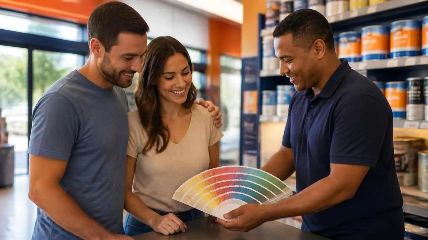 Atendente da loja mostrando a cartela de cores para um casal
